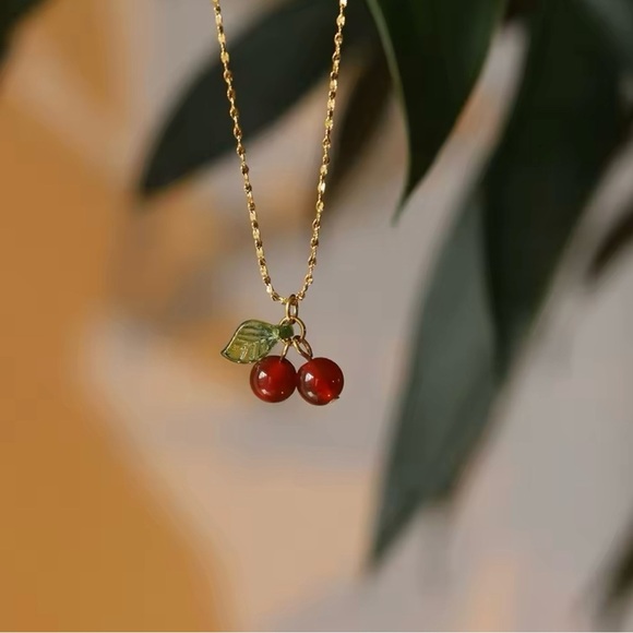 Stainless Steel Cherry Necklace Natural stone - Picture 4 of 6